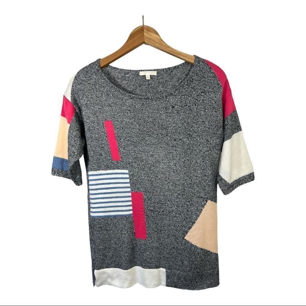 LISA TODD Women’s Short Sleeve Cotton Blend Color Block Sweater Gray Size Small